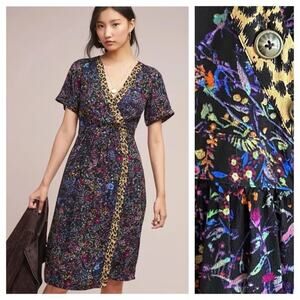 Anthropologie Maeve Morgan Wrap Dress Women’s Midi Floral Leopard Print Sz 0 XS